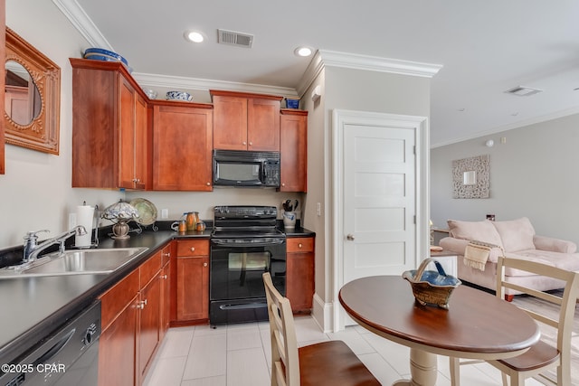 kitchen featuring black appliances, crown molding, sink, and light tile patterned floors