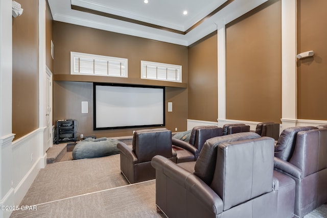 cinema room featuring decorative columns and ornamental molding