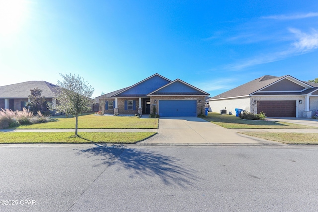 ranch-style house with a front yard and a garage