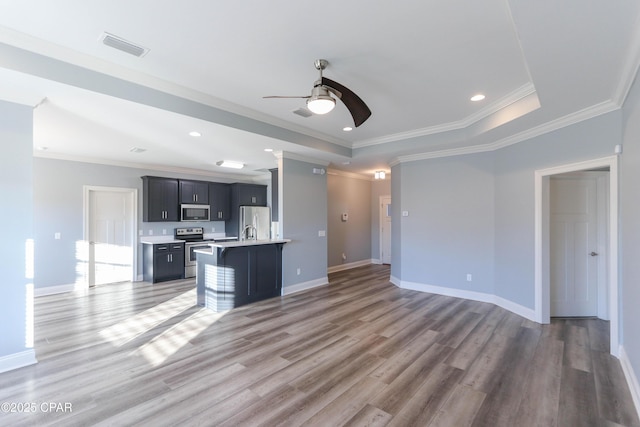 kitchen featuring stainless steel appliances, a raised ceiling, ceiling fan, crown molding, and an island with sink