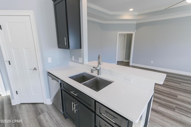 kitchen with sink, stainless steel dishwasher, ornamental molding, a tray ceiling, and kitchen peninsula