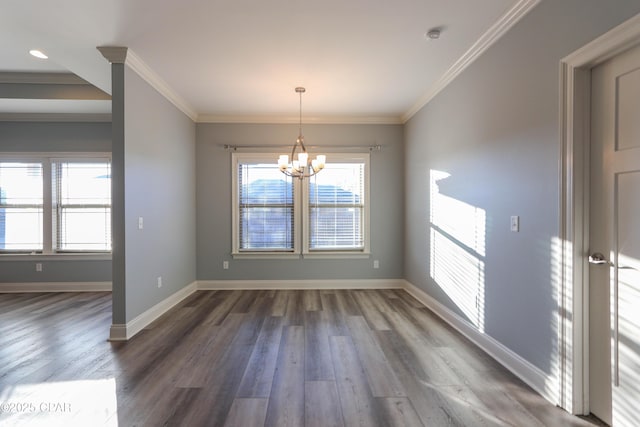 unfurnished dining area featuring a notable chandelier, dark hardwood / wood-style flooring, and crown molding