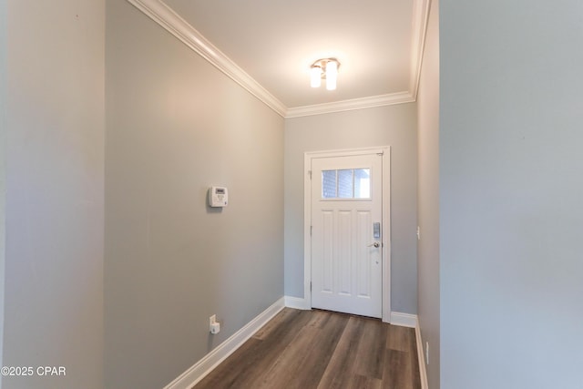 doorway to outside with dark hardwood / wood-style floors and crown molding