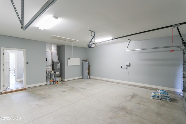 garage with gas water heater, a garage door opener, and heating unit