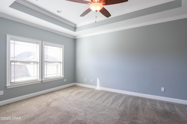 unfurnished room featuring carpet floors, a raised ceiling, ceiling fan, and ornamental molding