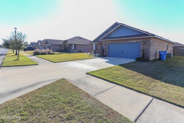 single story home with cooling unit, a front lawn, and a garage