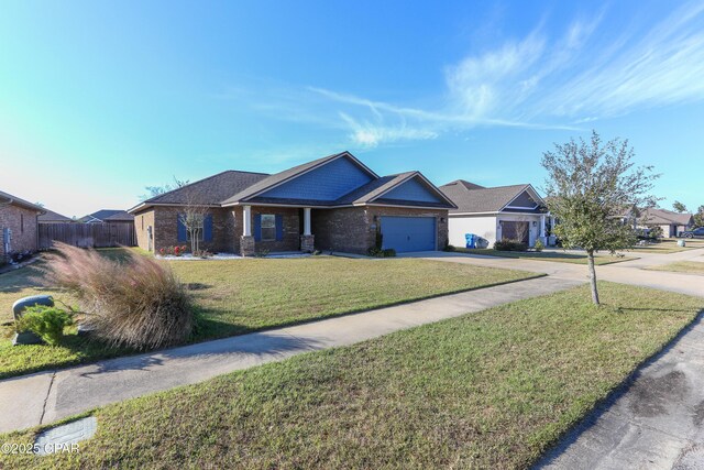 single story home featuring a garage and a front lawn