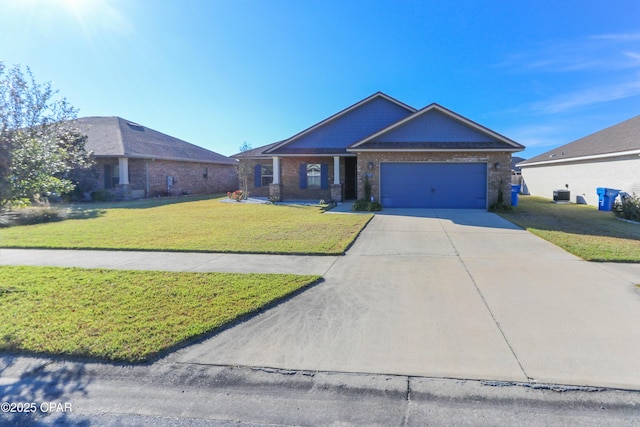 view of front facade featuring central AC, a garage, and a front lawn