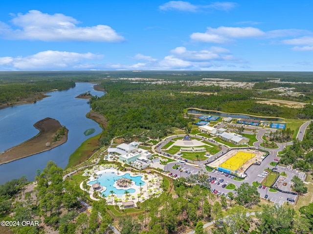 bird's eye view with a water view