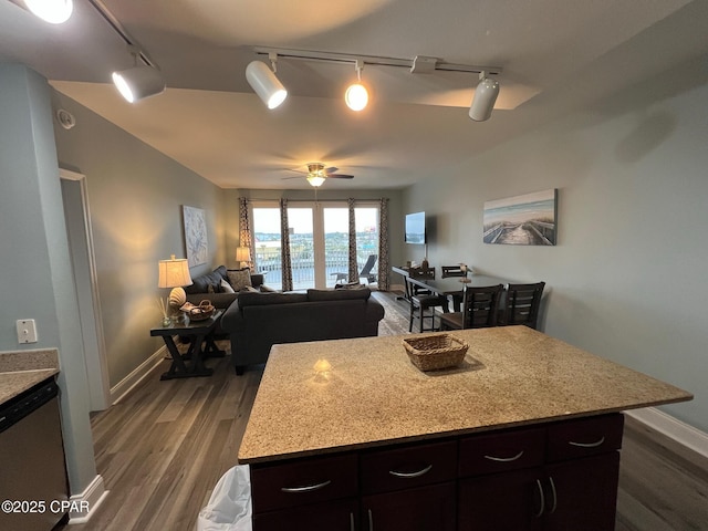 kitchen featuring a center island, dark wood-type flooring, rail lighting, stainless steel dishwasher, and ceiling fan