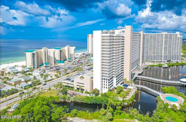 bird's eye view with a water view