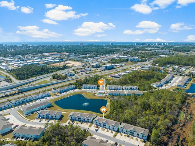 drone / aerial view featuring a water view