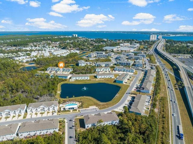 aerial view featuring a water view