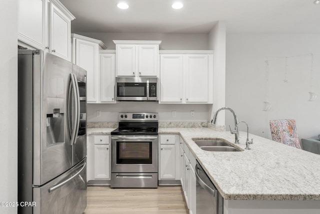 kitchen with sink, appliances with stainless steel finishes, white cabinetry, kitchen peninsula, and light wood-type flooring