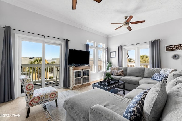 living area with a ceiling fan, a healthy amount of sunlight, and crown molding