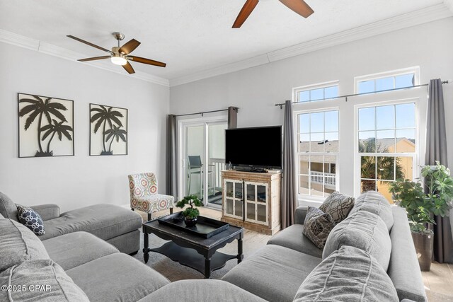 living room with light hardwood / wood-style floors and crown molding