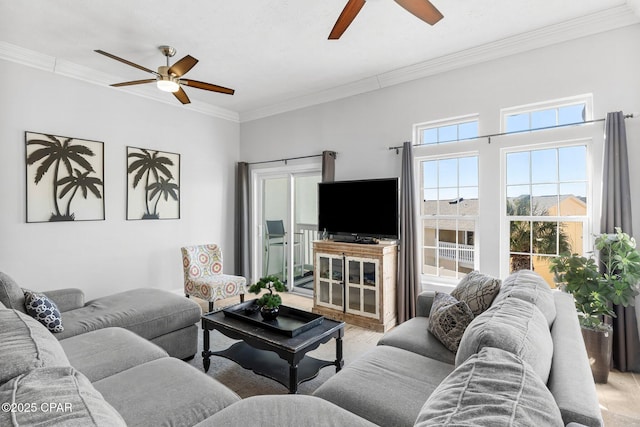 living area with ceiling fan, crown molding, and wood finished floors