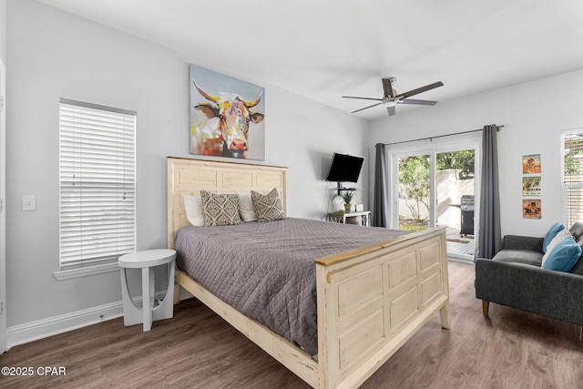 17878 Front Beach Rd Unit E2, Panama City Beach, FL 32413 - bedroom featuring a ceiling fan, access to outside, baseboards, and wood finished floors