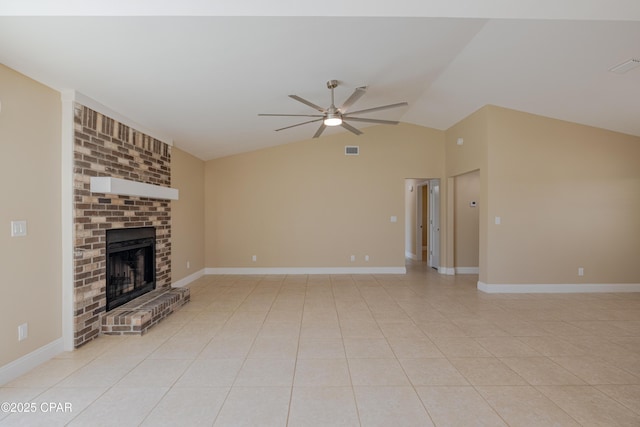 unfurnished living room featuring lofted ceiling, light tile patterned floors, a fireplace, and ceiling fan