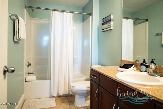 full bathroom with tile patterned flooring, shower / bath combo, vanity, and toilet