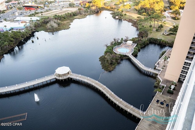 drone / aerial view featuring a water view