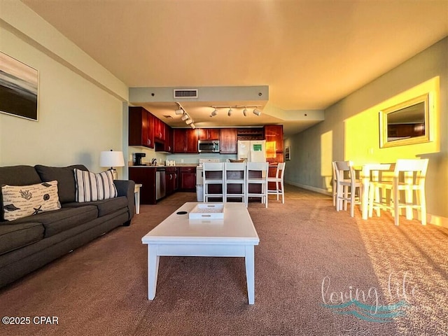 living room with carpet and rail lighting