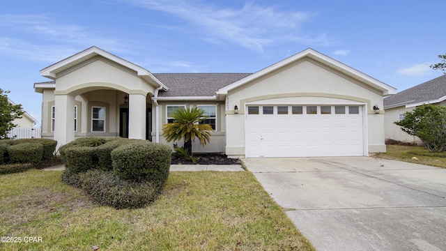 single story home featuring a front lawn and a garage