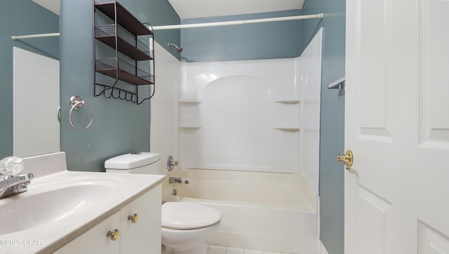 full bathroom featuring toilet, bathing tub / shower combination, tile patterned floors, and vanity