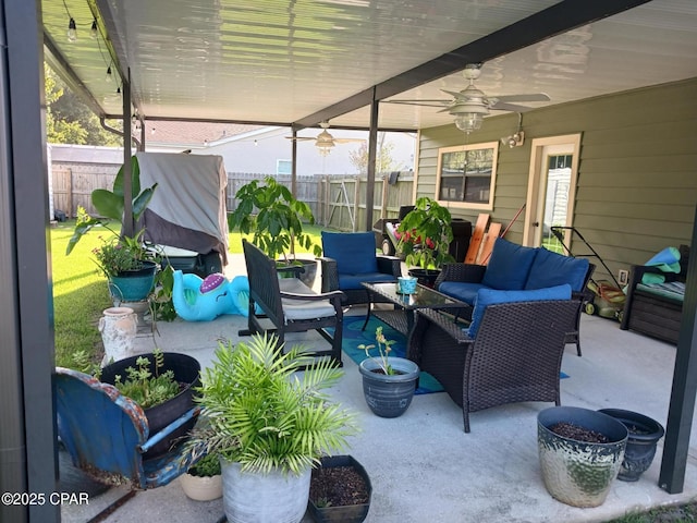 1114 Calabria Rd, Panama City, FL 32405 - view of patio featuring an outdoor living space, a ceiling fan, and a fenced backyard