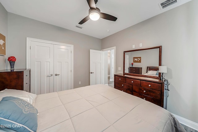 bedroom with ceiling fan and a closet