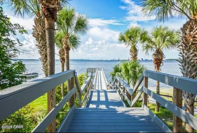 view of dock with a water view