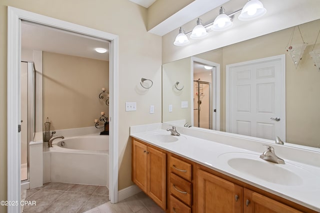 bathroom featuring vanity, tile patterned floors, and separate shower and tub