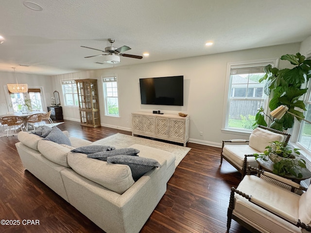 living room with ceiling fan with notable chandelier and dark hardwood / wood-style flooring