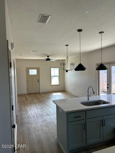 kitchen with hardwood / wood-style floors, a kitchen island with sink, pendant lighting, and sink