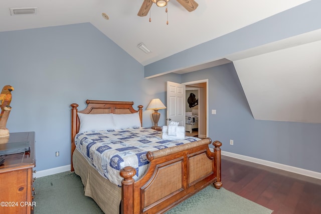 bedroom with vaulted ceiling, dark hardwood / wood-style floors, and ceiling fan