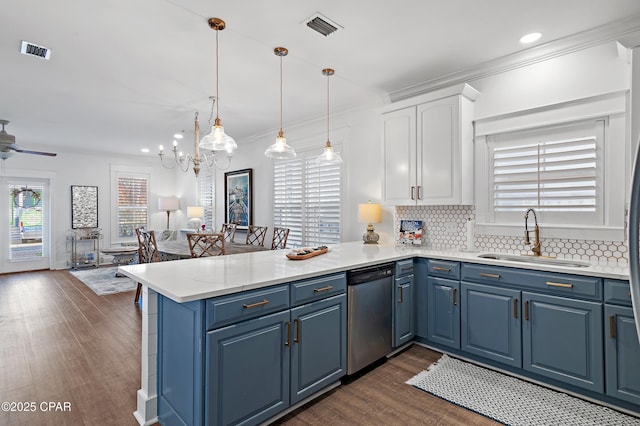 kitchen featuring white cabinetry, stainless steel dishwasher, kitchen peninsula, and sink