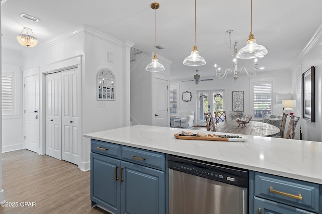 kitchen with stainless steel dishwasher, blue cabinets, light stone countertops, and hanging light fixtures