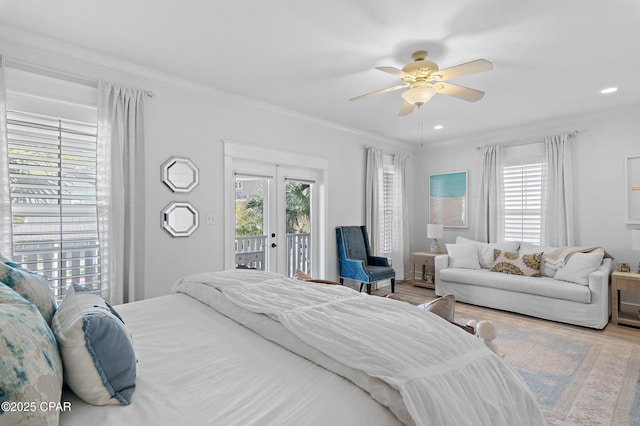 bedroom featuring ornamental molding, wood-type flooring, access to exterior, and ceiling fan