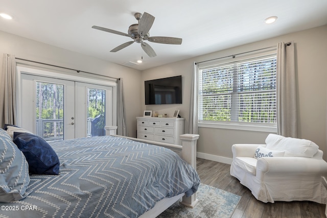 6509 W Sundew Marsh Trl, Panama City Beach, FL 32413 - bedroom featuring access to exterior, french doors, baseboards, wood finished floors, and recessed lighting