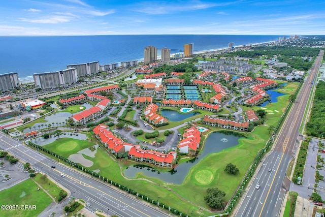 drone / aerial view featuring a water view