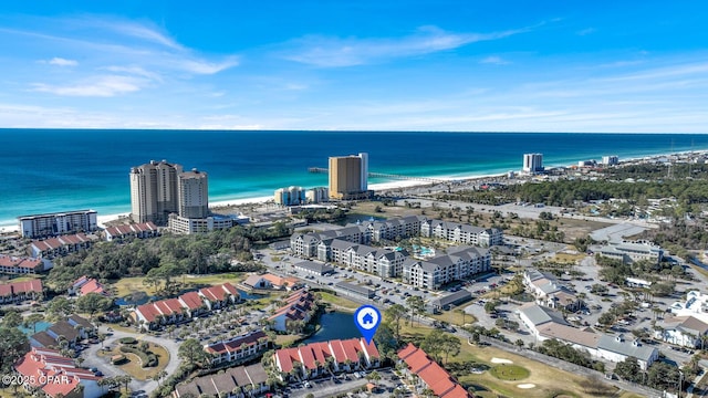 aerial view with a view of the beach and a water view