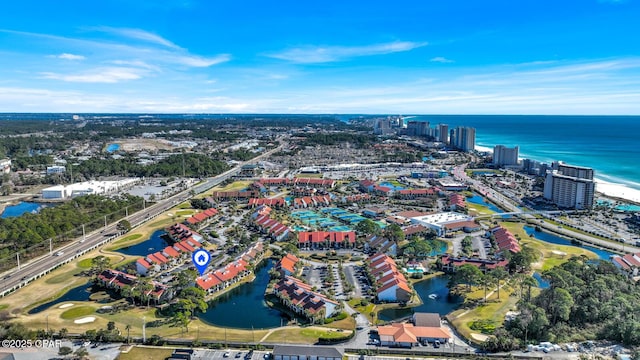 drone / aerial view featuring a water view