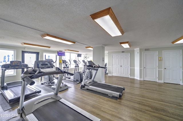 exercise room featuring a textured ceiling and hardwood / wood-style floors