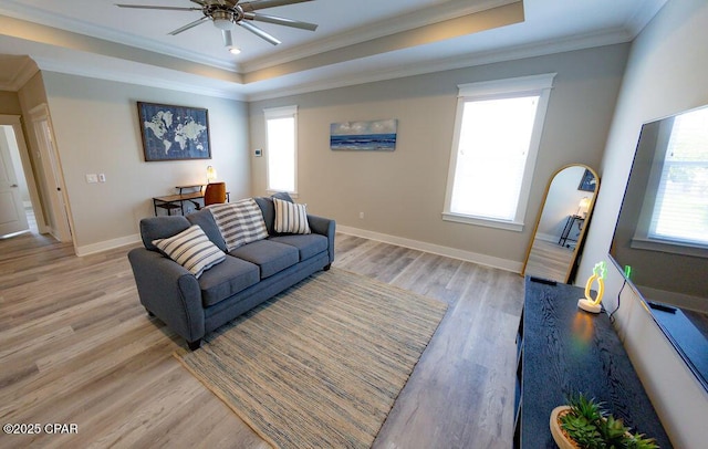 living room with ceiling fan, a raised ceiling, ornamental molding, and light hardwood / wood-style flooring