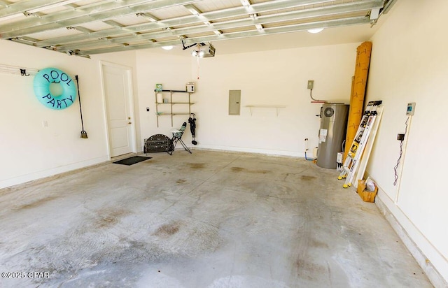 garage with electric panel, a garage door opener, and water heater