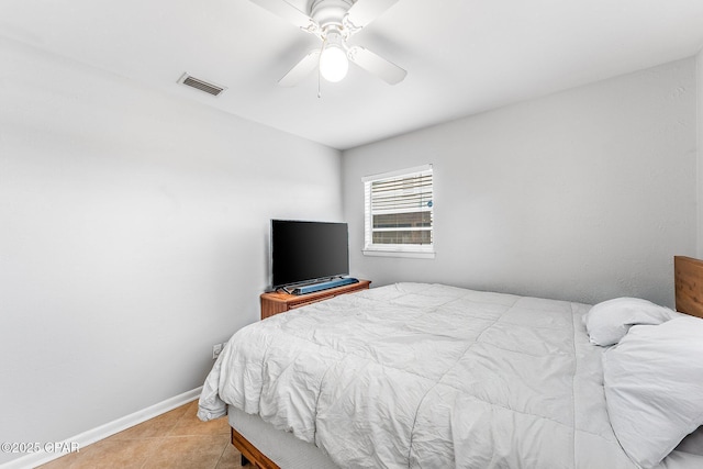 bedroom featuring tile patterned floors, visible vents, baseboards, and ceiling fan