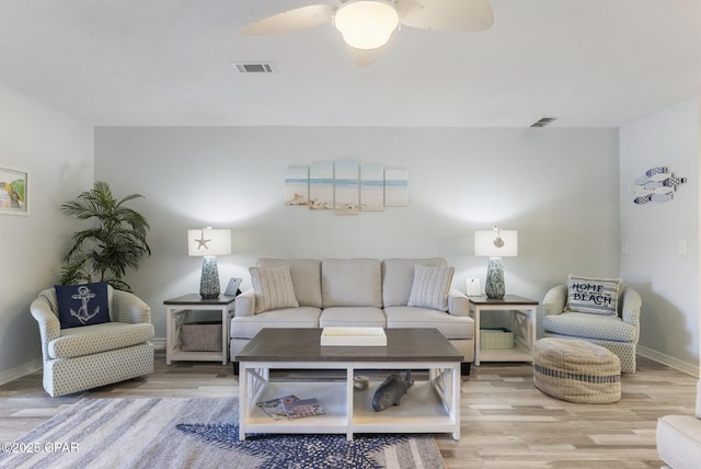 living room featuring visible vents, baseboards, and wood finished floors