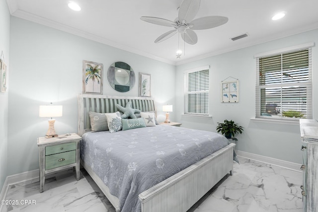 bedroom featuring multiple windows, ceiling fan, and ornamental molding