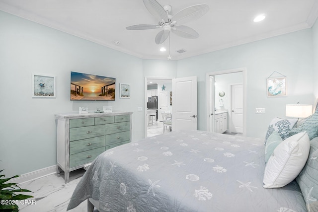 bedroom with ensuite bathroom, ceiling fan, and ornamental molding