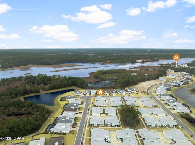 drone / aerial view featuring a water view